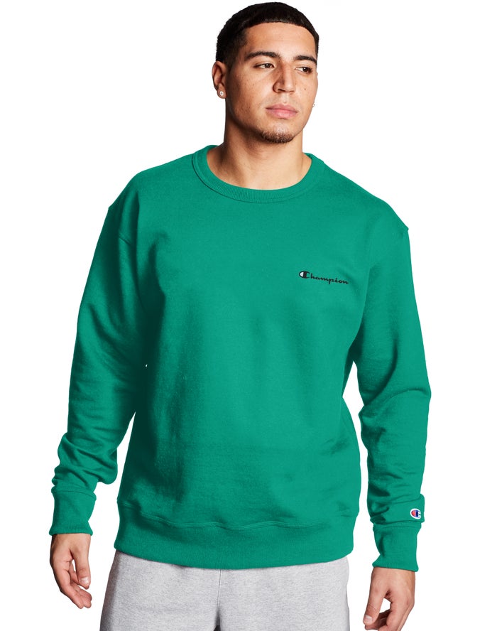 Champion Herre Sweatshirt Grøn - Powerblend Fleece Crew Script Logo - Danmark UJG-197342